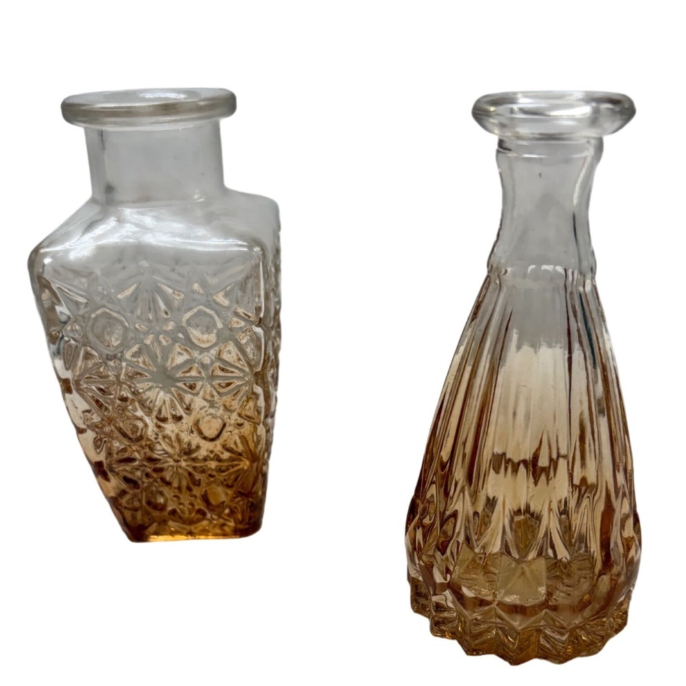 Vintage Amber Ombre Glass Bottles Set of 2 Geometric Fluted Decorative Vases